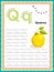 Preschool Colorful letter Q Uppercase and Lowercase Tracing alphabets start with Vegetables and fruits daily writing practice