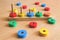 Preschool educational learning toys for child development. Wooden toys for children close-up, selective focus. Education