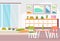 Preschool modern kindergarten children classroom with desk chairs and playroom decoration colorful furniture empty no