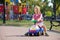 Preschooler driving his toy vehicle