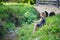 Preschooler girl playing with a twig like with fishing rod