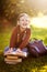 Preschooler girl ready back to school, reading textbooks