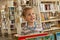 Preschooler little girl sitting and reading a book in library. Kid with books near a bookcase. Happy, cheerful and cute girl