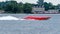 Prescott, Ontario, August 28, 2021: My Way jet boat during Poker Run on the St. Lawrence Riverwith Ogdensberg, N. Y. in the