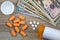 Prescription medicine on dollars for pharmaceutical industry concept
