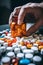 Prescription opioids with many bottles of pills in the background. Concepts of addiction, opioid crisis, overdose and