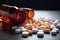 Prescription opioids with many bottles of pills in the background. Concepts of addiction, opioid crisis, overdose and