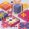 Present box with macarons, vector illustration. Decorative gift boxes in isometric perspective, birthday package. French