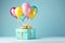 Present gift box with festive helium balloons bunch on minimal light teal background