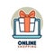 Present gift box in open laptop online shopping concept logo