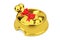 Present Golden Dog Chew Bone Wrapped in Red Gift Ribbon in Golden Bowl for Dog. 3d Rendering