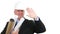 Presentable and confident businessman wearing helmet smile and salute with hand