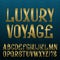 Presentable retro style font. Golden capital letters on blue wavy background. english alphabet with text Luxury Voyage