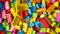 Presentation background of a pile of multicolored plastic building blocks. kids\\\' toys concept