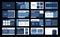 Presentation template. Blue and white rectangles flat design, 16 slides. Title, detail, development, element, process description