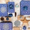 Presents in blue wrapping paper on table