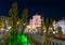 Preseren Square with Tromostovje bridge on Ljubljanica river at night with city lights in Slovenia Ljubjana with Cerkev