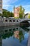 Preseren Square with Tromostovje bridge on Ljubljanica river in Slovenia Ljubjana with Cerkev Marijinega oznanjenja