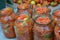 Preservation. Blanks for the winter. Marinated. Red and yellow tomatoes in jars
