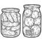 Preservation, set. Two jars of cucumbers and tomatoes. Sketch scratch board imitation.