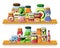 Preserved food, products in cans flat vector illustration