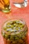 Preserved green peas in jar