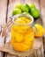 Preserved lemons with sea salt and spices. Moroccan cuisine. Vintage style.