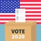 President election day Vote 2020. Ballot Voting box with paper blank bulletin concept. Polling station.American flag on the wall.