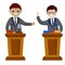 Presidential election. Men are debating at podium. Red versus blue. Characters in costumes talking