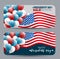 Presidents day sale banner card design set. Red, blue, and white balloons and national flag. American public holiday.