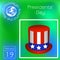 Presidents Day. Top hat with USA flag symbols. Calendar. Holidays Around the World. Event of each day. Green blur background -