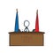 Presindent table with flags. Candidate campaign. Democracy ruler. Hand drawn. Stickman cartoon. Doodle sketch, Vector graphic