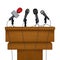 Press conference stage. Meeting news media microphones vector realistic pictures