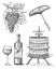 Press for grapes sketch corkscrew wine bottle and glass in vintage style, engraved woodcut illustration