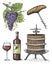 Press for grapes sketch corkscrew wine bottle and glass in vintage style, engraved woodcut illustration