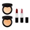 Pressed powder and red pink lipstick in black package