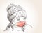 Preteen girl in face mask for coronavirus prevention portrait in winter clothes and hat looking on side, Covid-19 pandemic