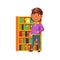 preteen hispanic boy staying near home library shelves with books cartoon vector