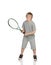 Preteen playing tennis holding racket