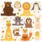 Pretty animals with floral wreaths flat icons set. Cute cartoon lion, bear, dog, raccoon and rabbit with flowers