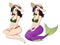 Pretty anime girl with black hair wearing bikini and summer hat. Human and mermaid version. Hand drawn vector illustration