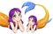 Pretty anime lying mermaid. Purple hair and shiny golden fish tail