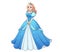 Pretty anime princess standing and wearing blue ball dress. Blonde curly hair, big blue eyes