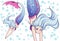 Pretty anime swimming mermaid. White hair and shiny blue fish tail