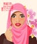 Pretty Arab woman in the hijab holding lipstick on light background vector illustration