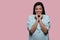 Pretty asian american woman overjoyed and excited portrait, isolated on pink background