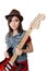 Pretty Asian rocker girl posing with her guitar, on white background