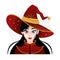 Pretty asian stargazer witch avatar for advertising. Halloween magician girl in big hat with space. Ancient costume