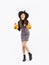 Pretty asian woman in halloween costume wearing witch hat holding and carrying orange pumpkin bucket and lantern on white