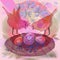 Pretty background with cute red birds by nest with eggs